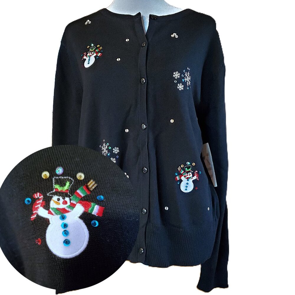 New KB Collections Snowman Cardigan Sz XL Christmas Sweater Snowflakes Sequins